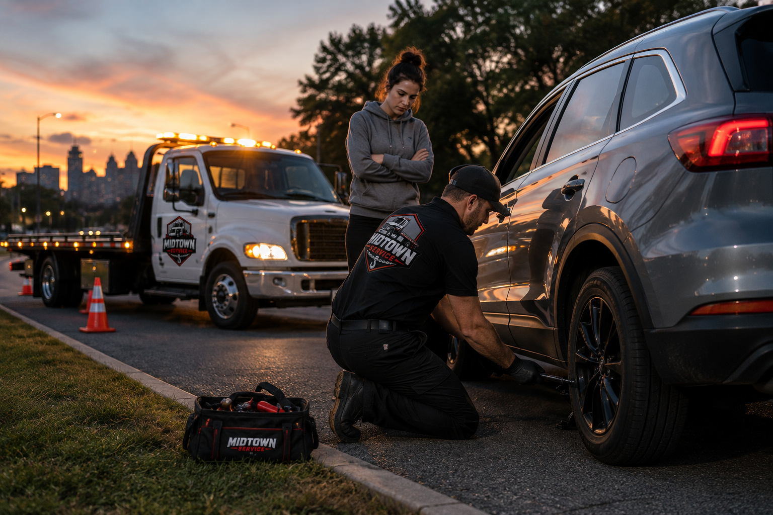 Midtown Service roadside technician helping with a flat tire